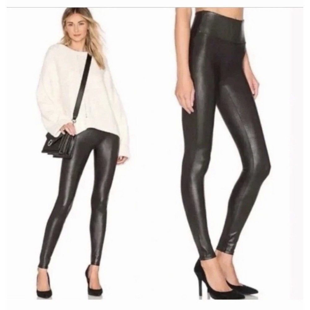 SPANX Black Faux Leather Leggings Women 1X Ankle Slimming High Rise NEW!‎